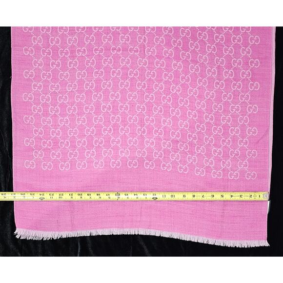 GUCCI Pink Jacquard Logo GG Wool Silk Scarf - Picture 4 of 14